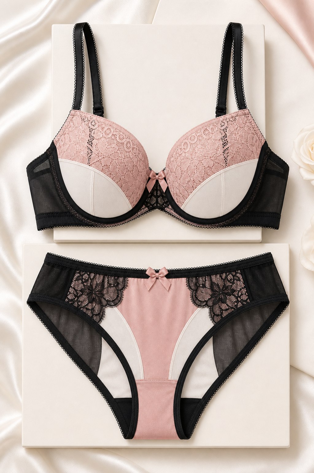 Pink and black color-block two-piece lingerie set product photo
