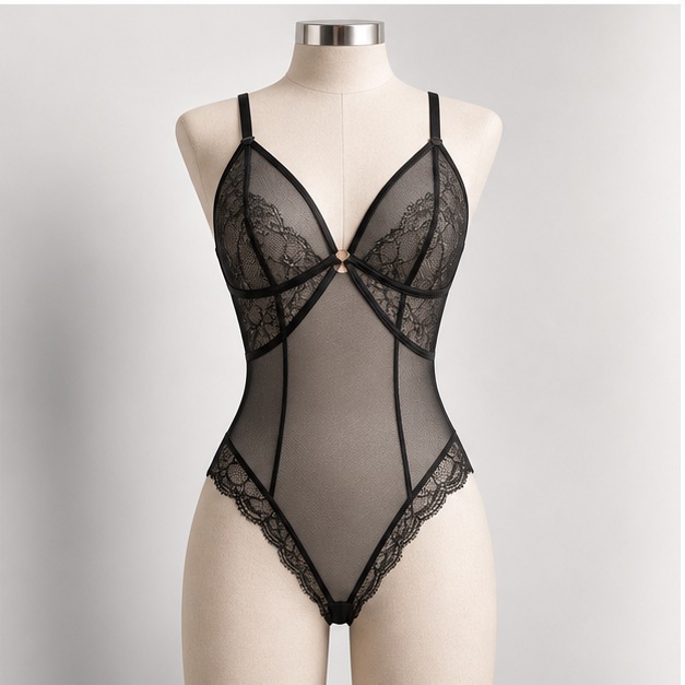 Magazine-style black mesh bodysuit product photo