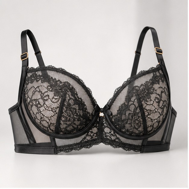 Magazine-style black lace support bra product photo