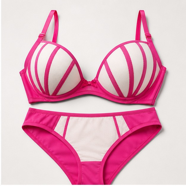 Magazine-style pink color-block two-piece lingerie set product photo