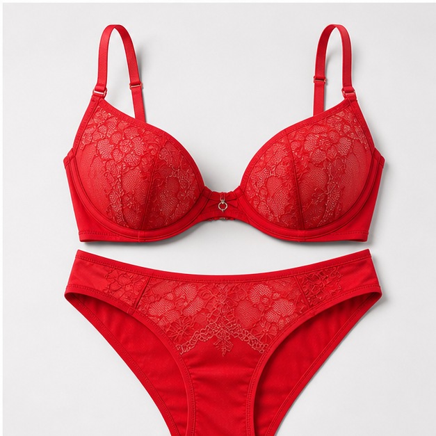 Magazine-style red two-tone lingerie set product photo
